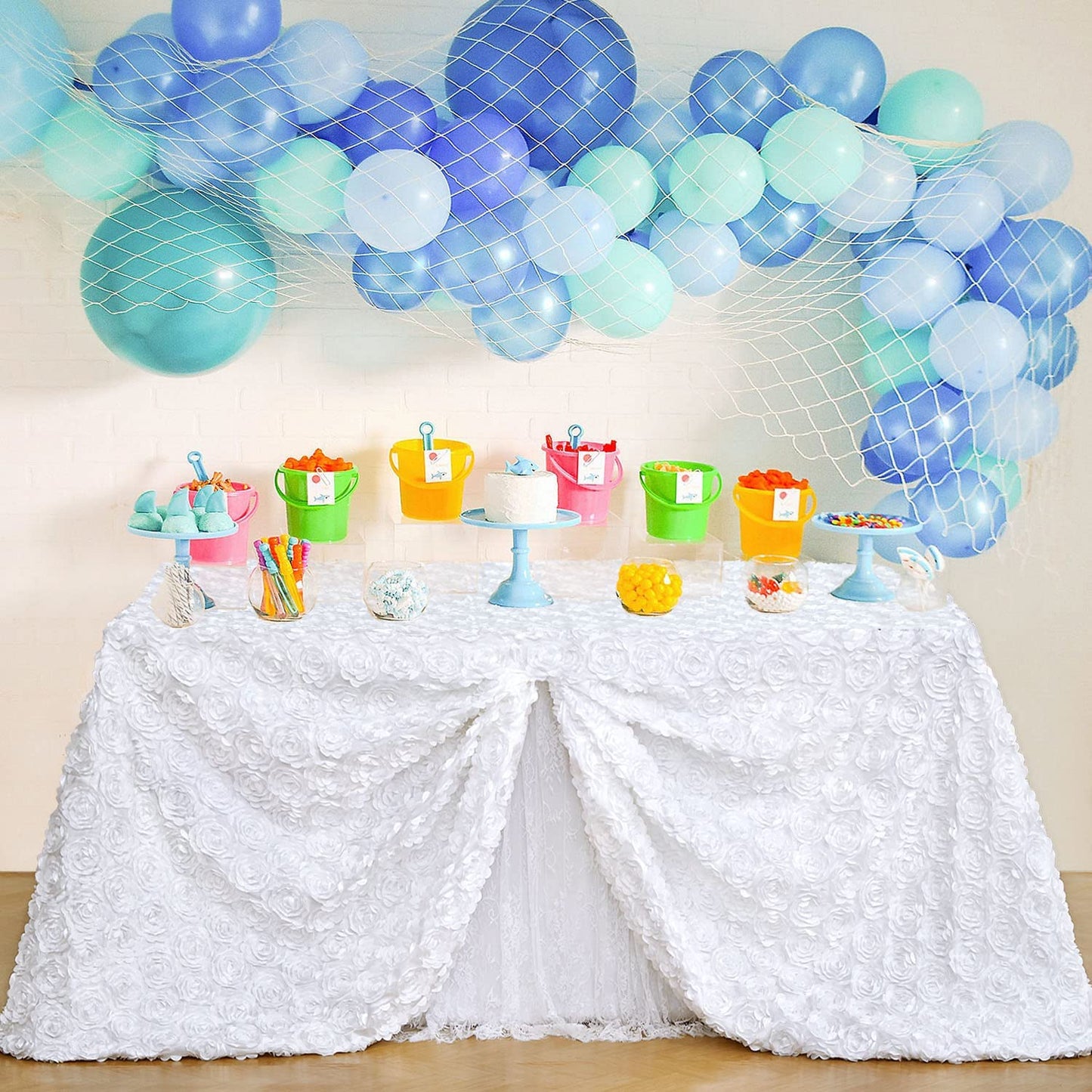 WHITE - 3D Satin Rosette Rectangular Tablecloth - Rosette Tablecloth 3D Flowers Satin Overlay for Wedding Reception Table Decoration