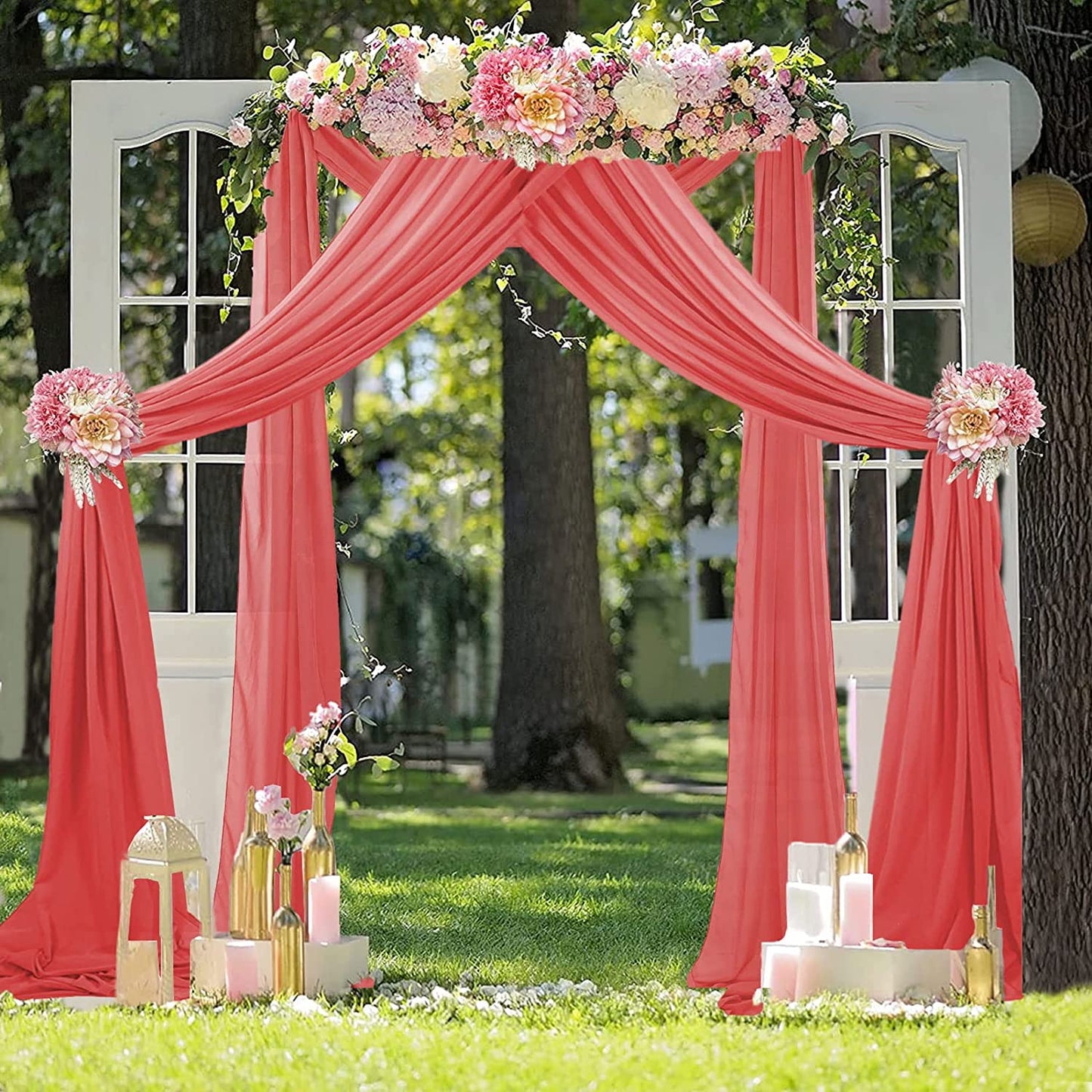 CORAL - Wedding Arch Draping Fabric - 21 Ft By 29"- 2 Panels Chiffon Fabric Drapery Party Ceiling Drapes Archway Drapes for Wedding Sheer