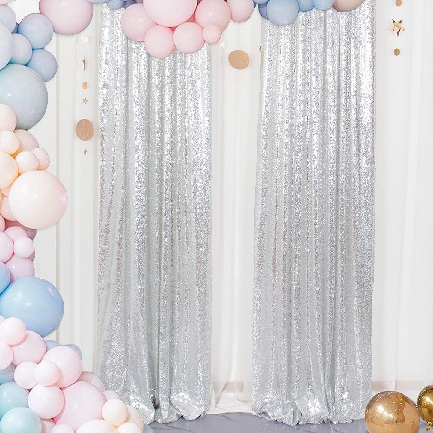 SILVER - Sequin Backdrop Curtains - 2 Panels - Baby Shower Backdrop Glitter Backdrop Sequin Backdrop for Wedding