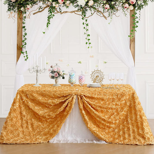 GOLD - 3D Satin Rosette Rectangular Tablecloth - Rosette Tablecloth 3D Flowers Satin Overlay for Wedding Reception Table Decoration