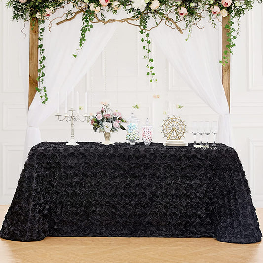 BLACK - 3D Satin Rosette Rectangular Tablecloth - Rosette Tablecloth 3D Flowers Satin Overlay for Wedding Reception Table Decoration