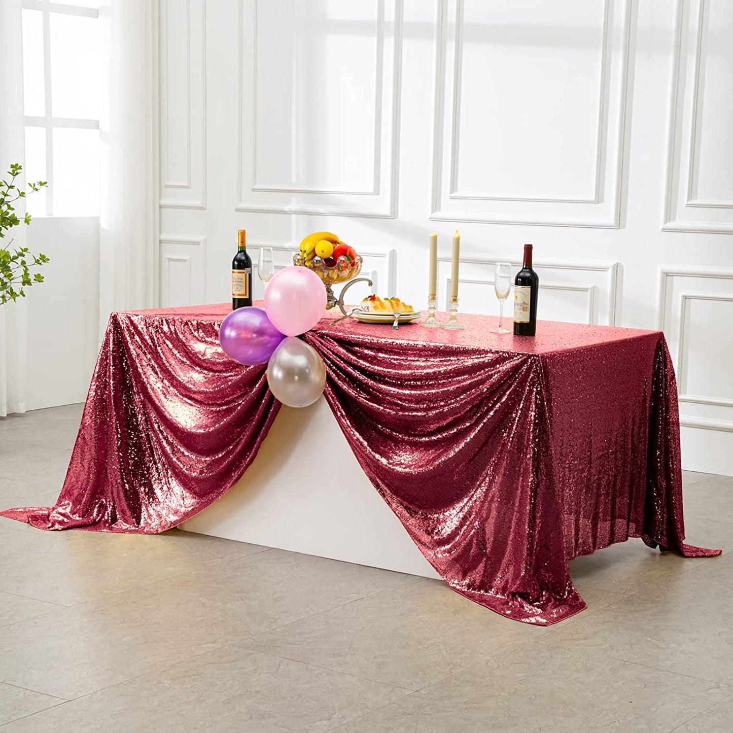 Square Overlay Sequin Tablecloth - BURGUNDY - Glitter Tablecloth for Bridal Shower Decorations, Birthday, Wedding, Dessert, Banquet