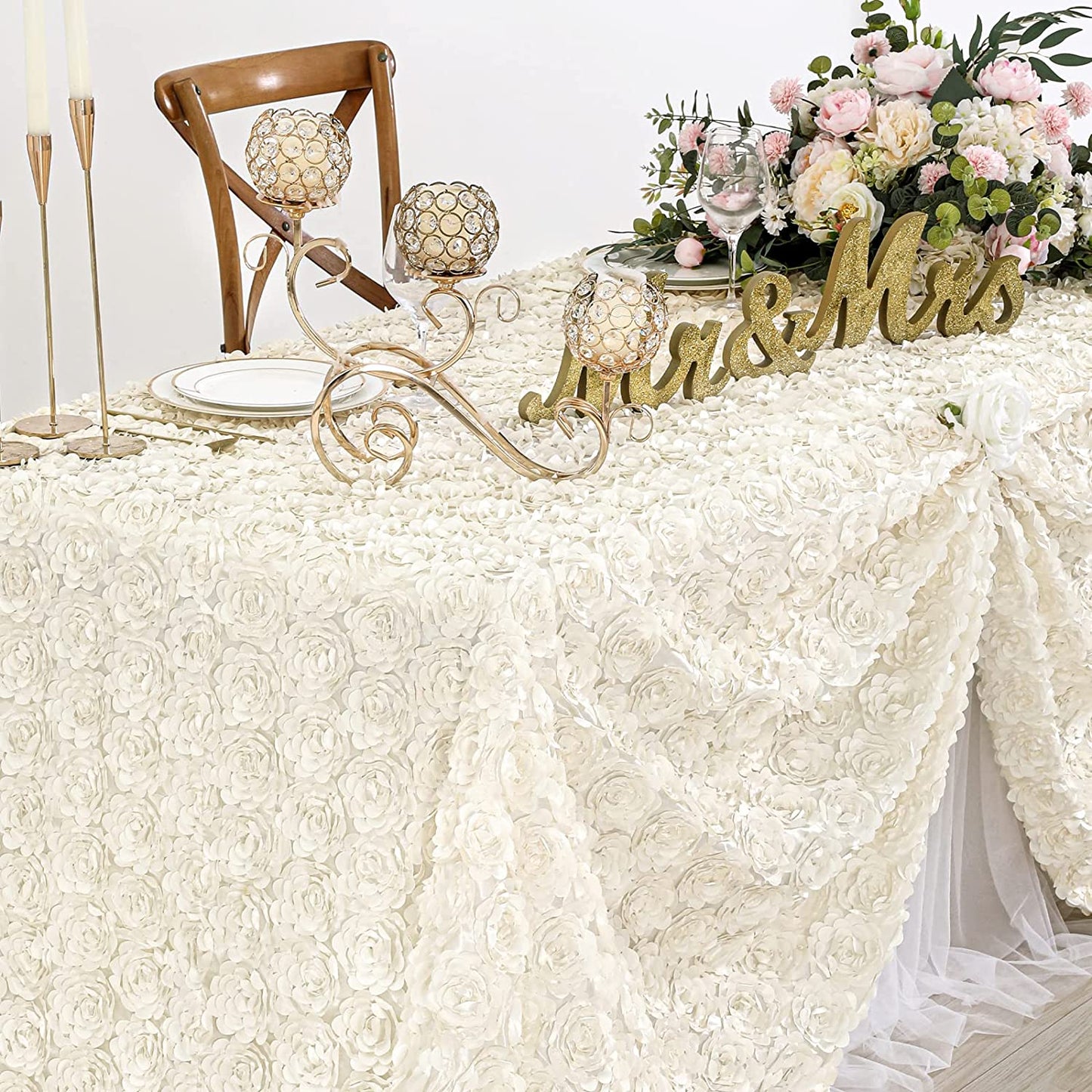 IVORY - 3D Satin Rosette Rectangular Tablecloth - Rosette Tablecloth 3D Flowers Satin Overlay for Wedding Reception Table Decoration