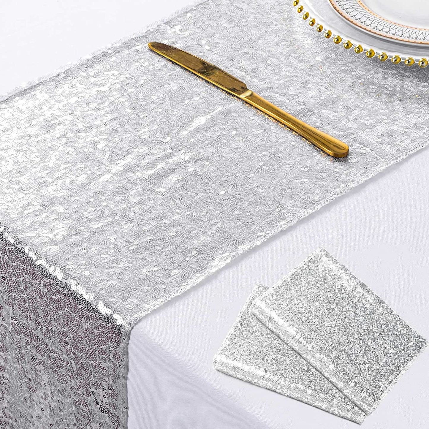 4 Pack -- SILVER - Sequin Table Runner Baby Shower Table Runner for Parties Wedding Table Runner Bridal Shower Birthday Event Table Decor