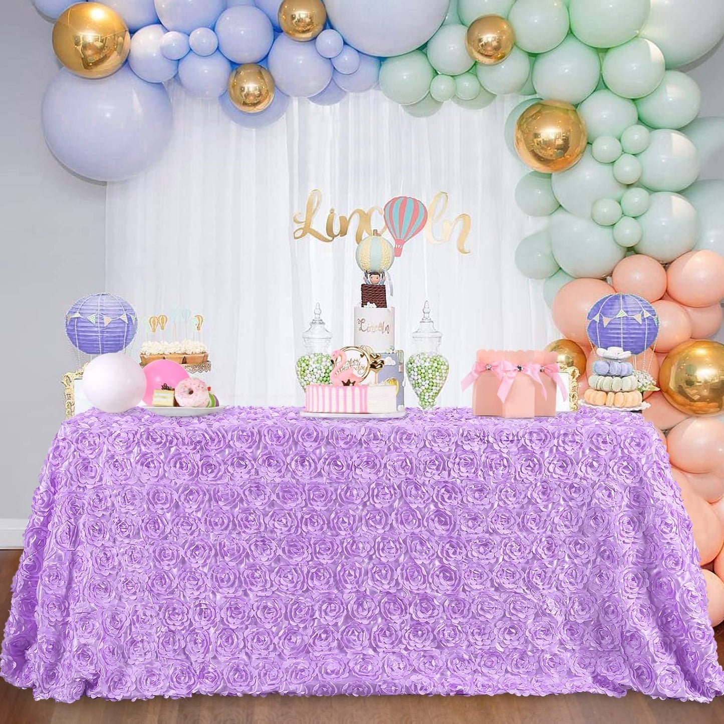 LAVENDER - 3D Satin Rosette Rectangular Tablecloth - Rosette Tablecloth 3D Flowers Satin Overlay for Wedding Reception Table Decoration