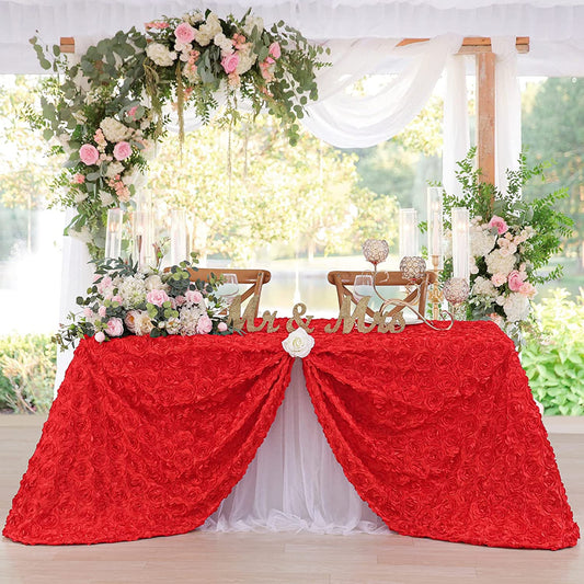 RED - 3D Satin Rosette Rectangular Tablecloth - Rosette Tablecloth 3D Flowers Satin Overlay for Wedding Reception Table Decoration