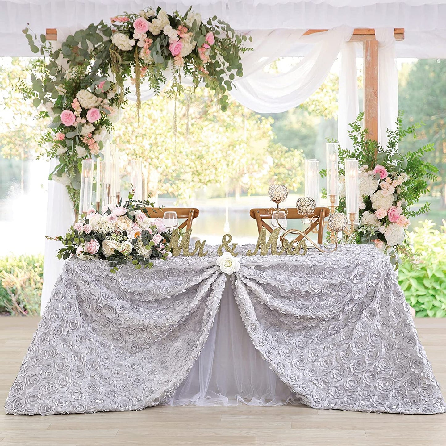 SILVER - 3D Satin Rosette Rectangular Tablecloth - Rosette Tablecloth 3D Flowers Satin Overlay for Wedding Reception Table Decoration