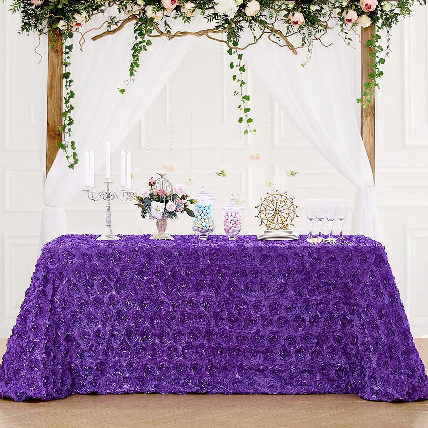 PURPLE - 3D Satin Rosette Rectangular Tablecloth - Rosette Tablecloth 3D Flowers Satin Overlay for Wedding Reception Table Decoration