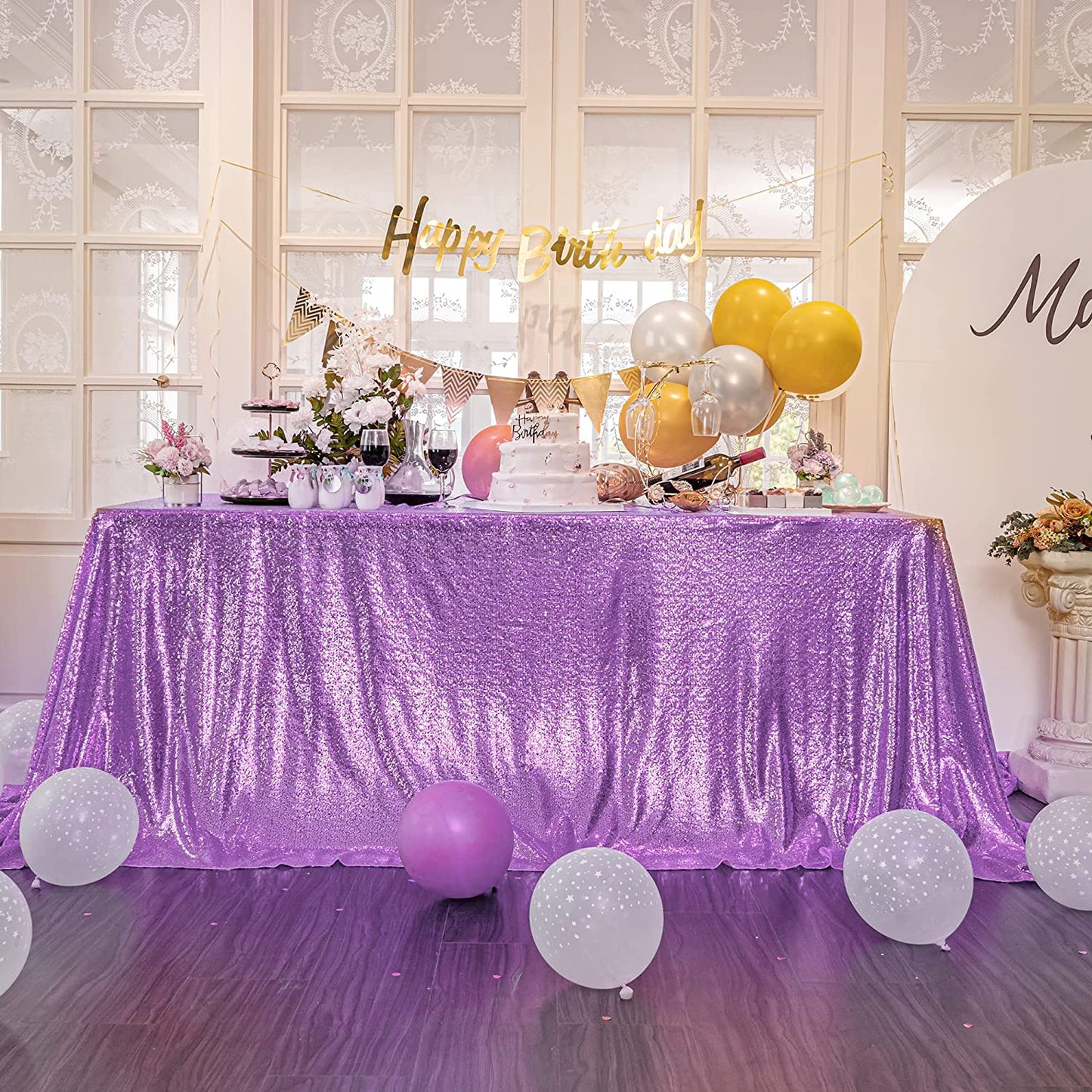 Square Overlay Sequin Tablecloth - LAVENDER - Glitter Tablecloth for Bridal Shower Decorations, Birthday, Wedding, Dessert, Banquet