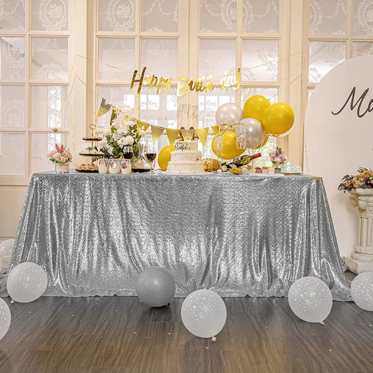 Square Overlay Sequin Tablecloth - SILVER - Glitter Tablecloth for Bridal Shower Decorations, Birthday, Wedding, Dessert, Banquet