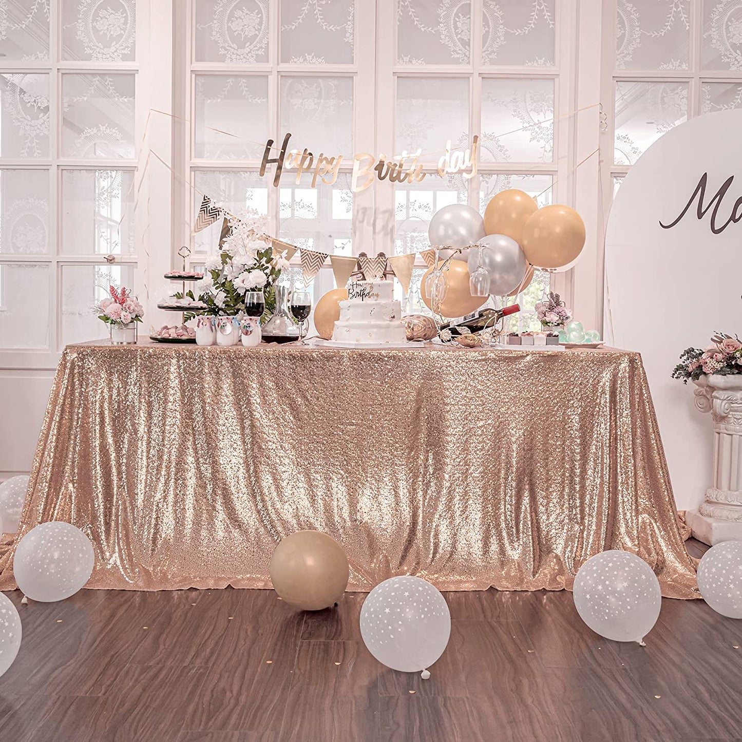 Square Overlay Sequin Tablecloth - ROSEGOLD - Glitter Tablecloth for Bridal Shower Decorations, Birthday, Wedding, Dessert, Banquet