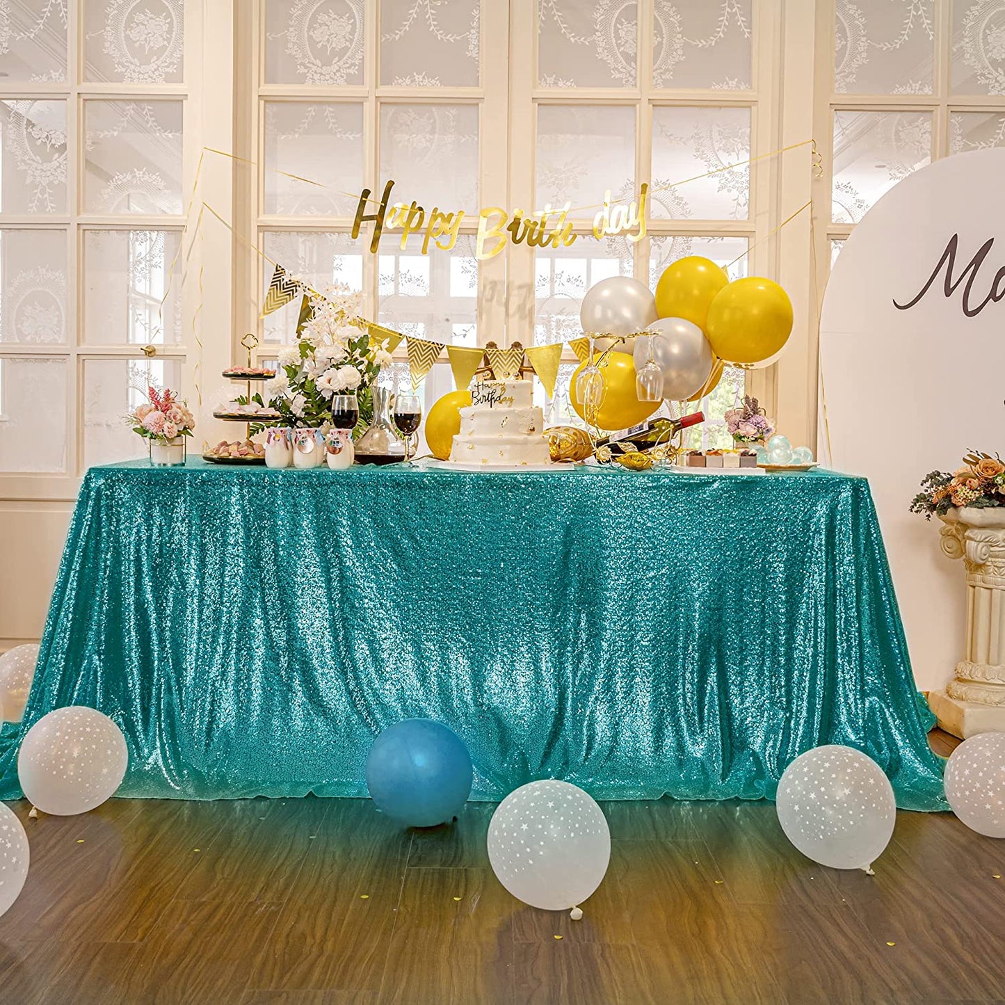 Square Overlay Sequin Tablecloth - TEAL - Glitter Tablecloth for Bridal Shower Decorations, Birthday, Wedding, Dessert, Banquet