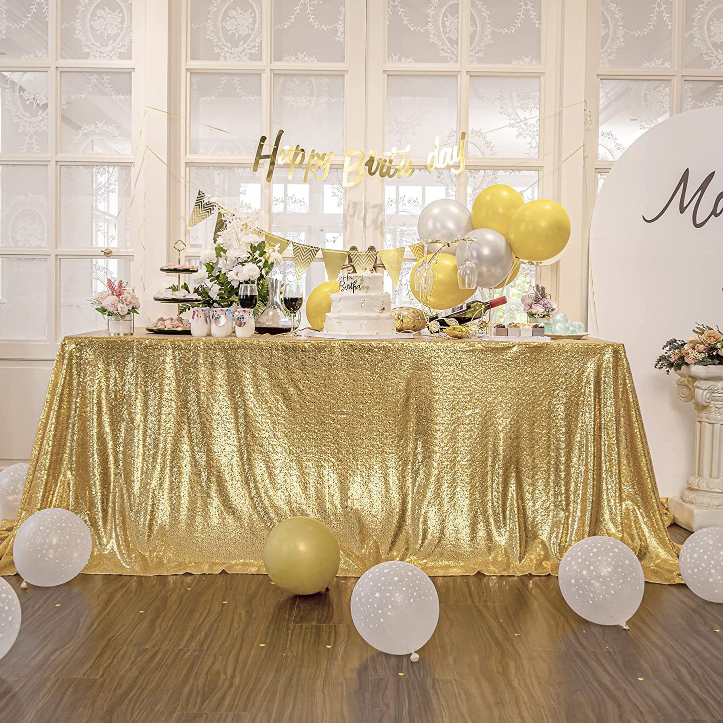 Square Overlay Sequin Tablecloth - LT GOLD - Glitter Tablecloth for Bridal Shower Decorations, Birthday, Wedding, Dessert, Banquet