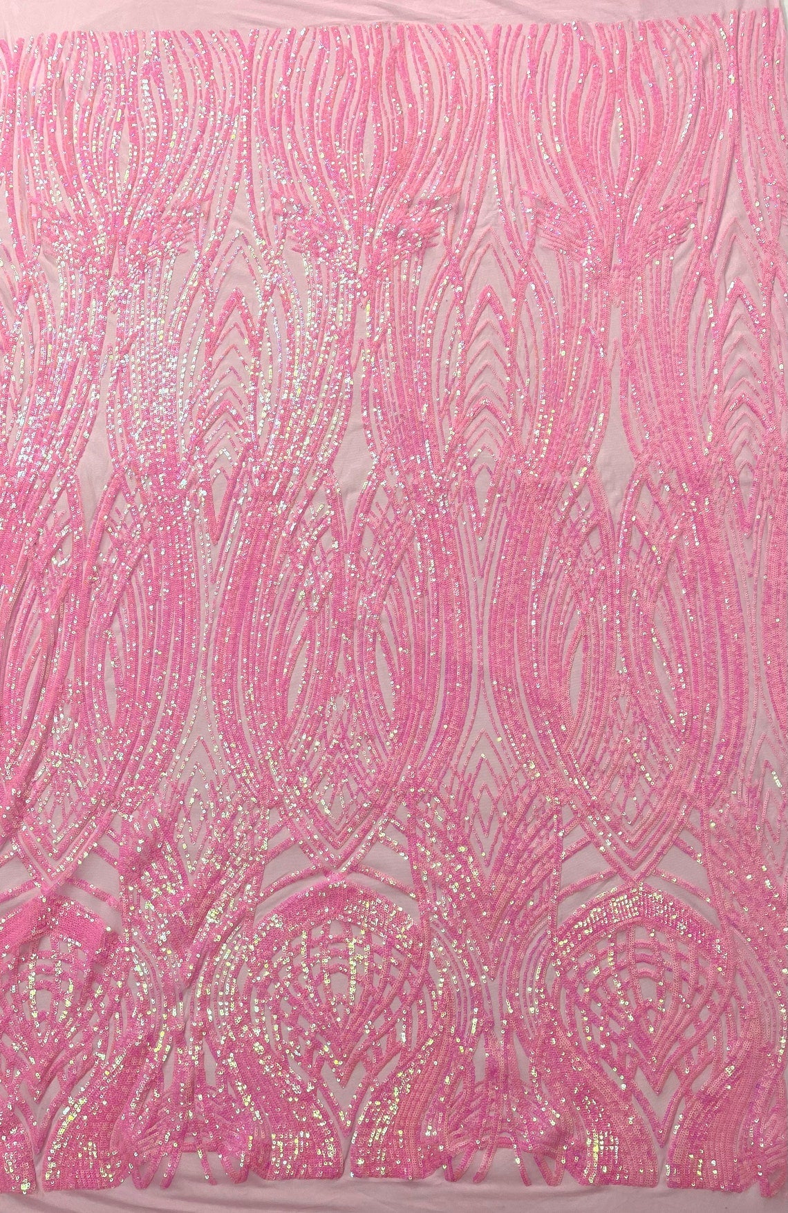 Fish Tale Luxury Fashion Design with Sequins Embroider on a - CANDY PINK - 4 Way Stretch Mesh Fabric-Sold by The Yard.