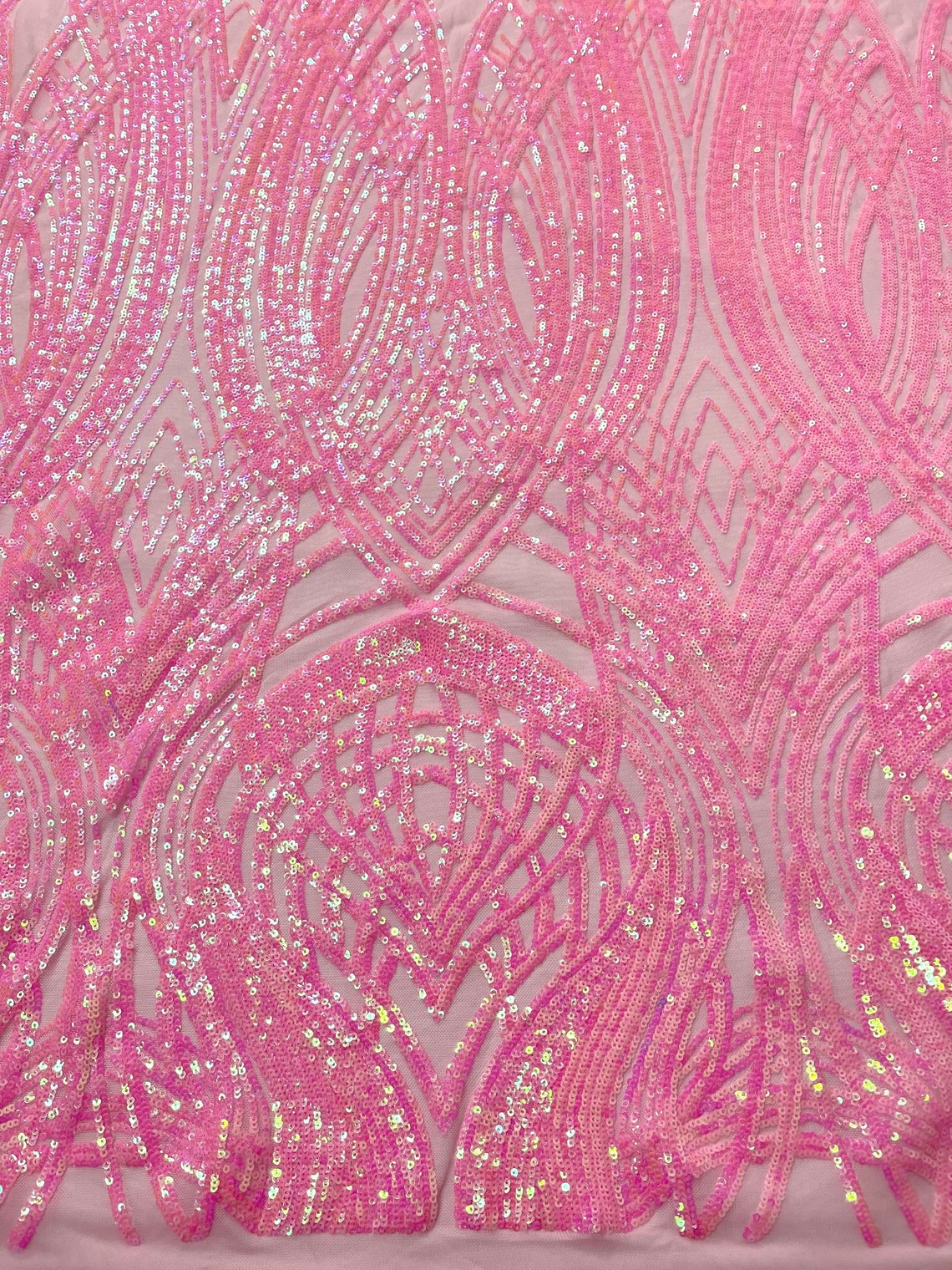 Fish Tale Luxury Fashion Design with Sequins Embroider on a - CANDY PINK - 4 Way Stretch Mesh Fabric-Sold by The Yard.