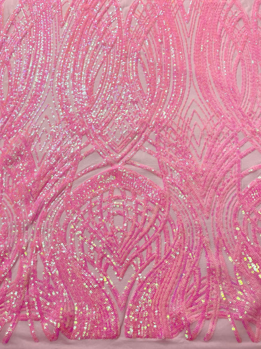 Fish Tale Luxury Fashion Design with Sequins Embroider on a - CANDY PINK - 4 Way Stretch Mesh Fabric-Sold by The Yard.