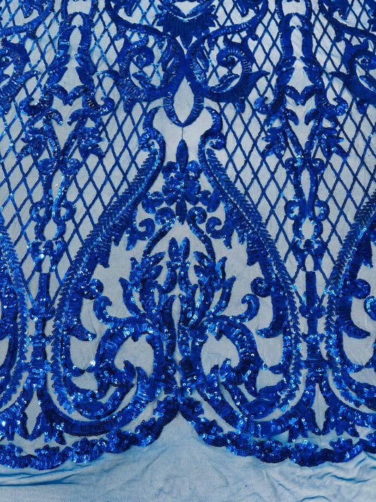 High Designs Fashion Design with Sequins Embroider on a 4 Way Stretch Mesh Fabric-Sold by The Yard. Royal