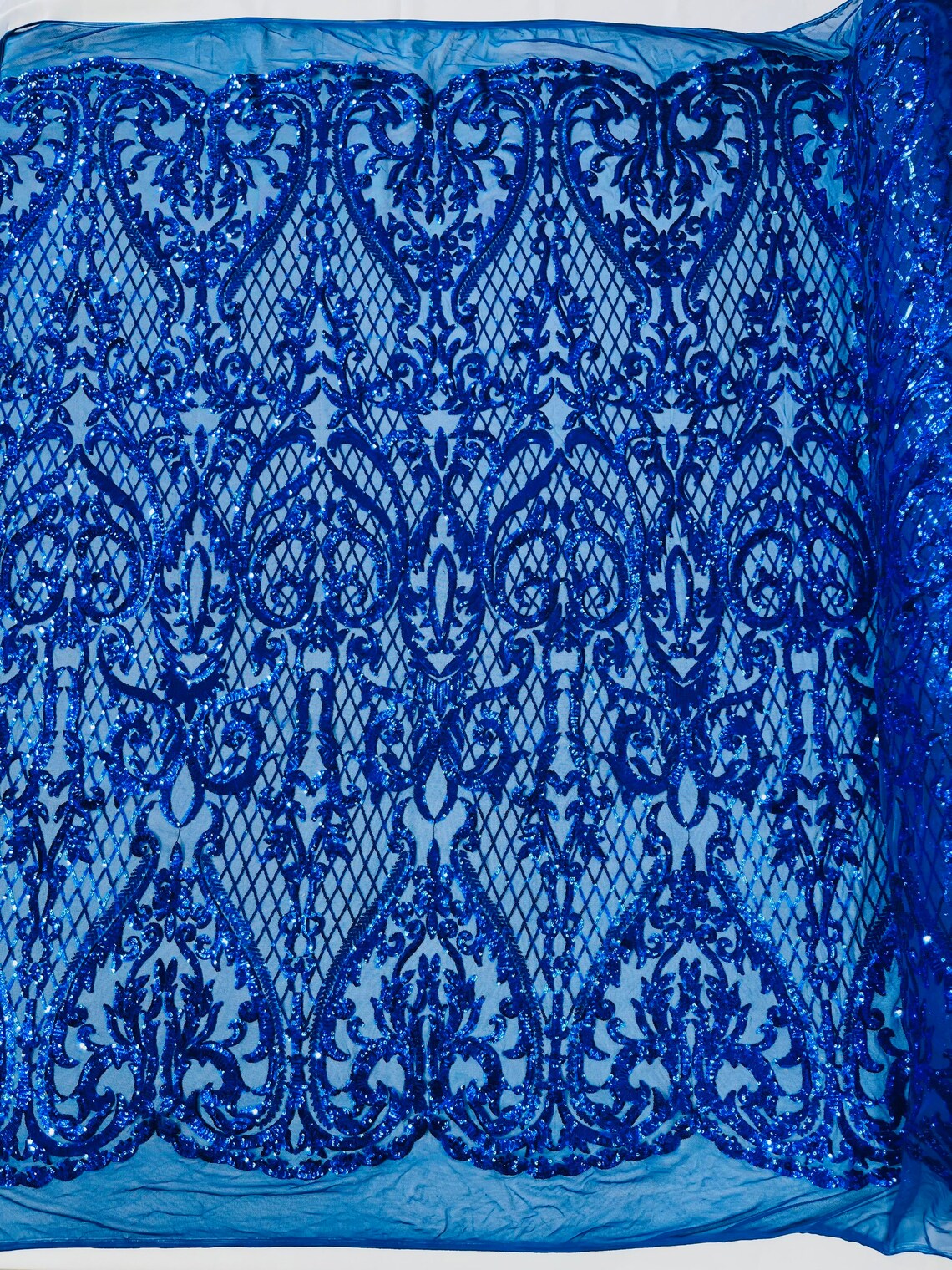 High Designs Fashion Design with Sequins Embroider on a 4 Way Stretch Mesh Fabric-Sold by The Yard. Royal