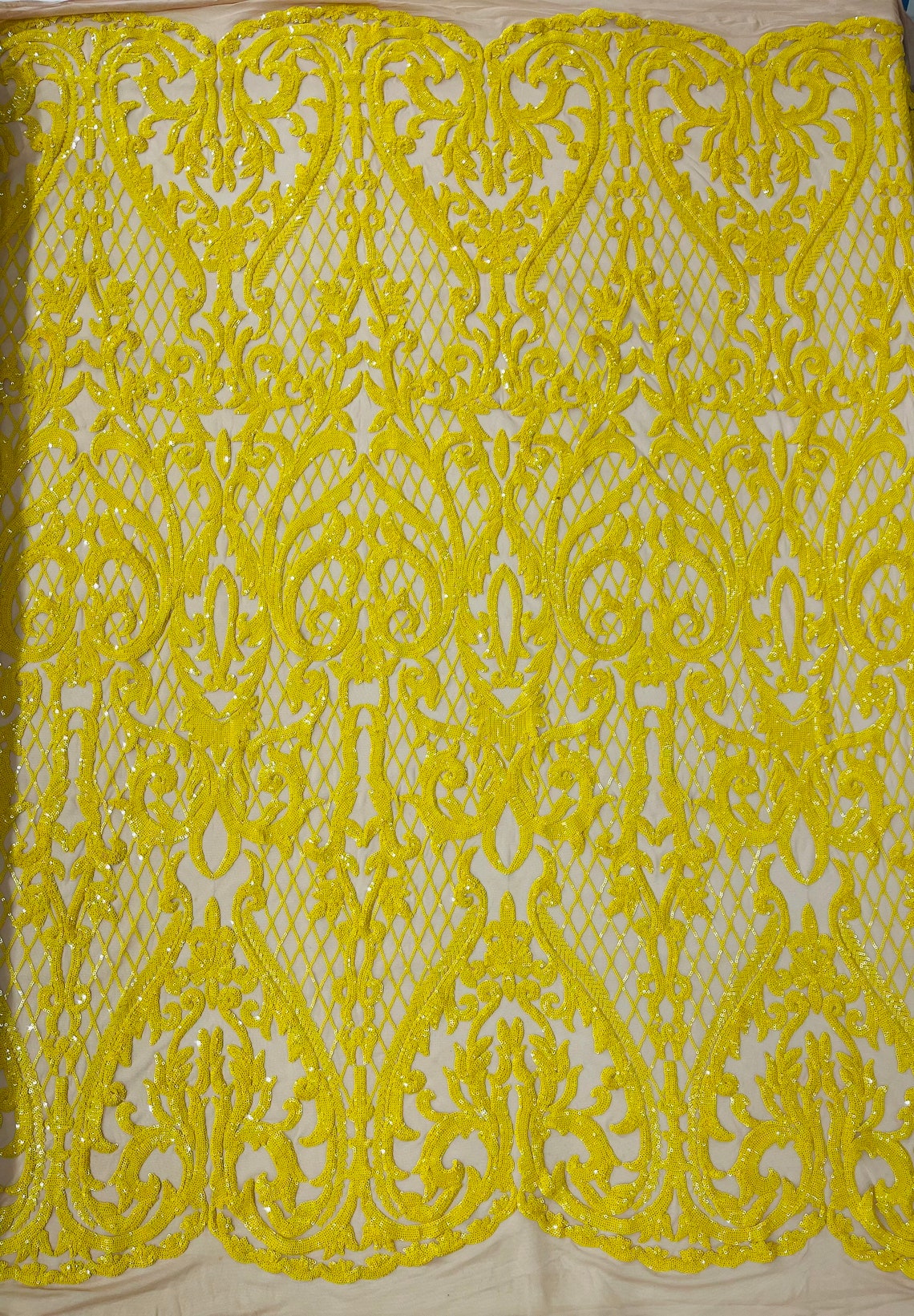 High Designs Fashion Design with Sequins Embroider on a 4 Way Stretch Mesh Fabric-Sold by The Yard. Yellow/Nude