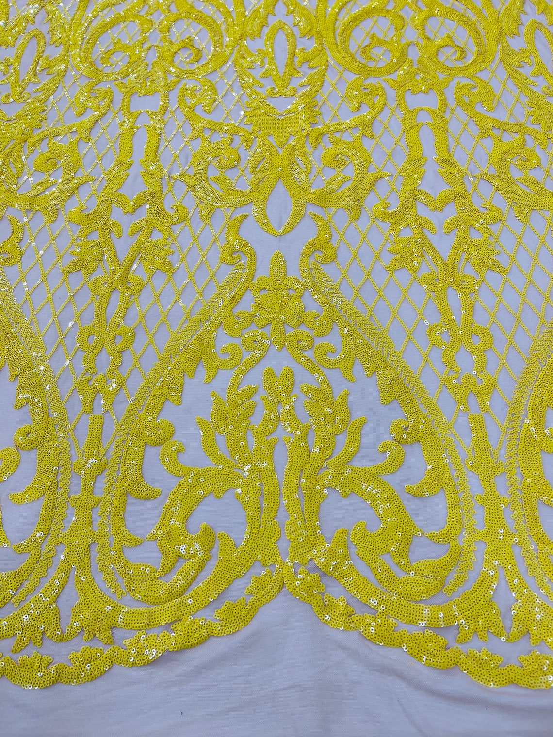 High Designs Fashion Design with Sequins Embroider on a 4 Way Stretch Mesh Fabric-Sold by The Yard. Yellow/Nude