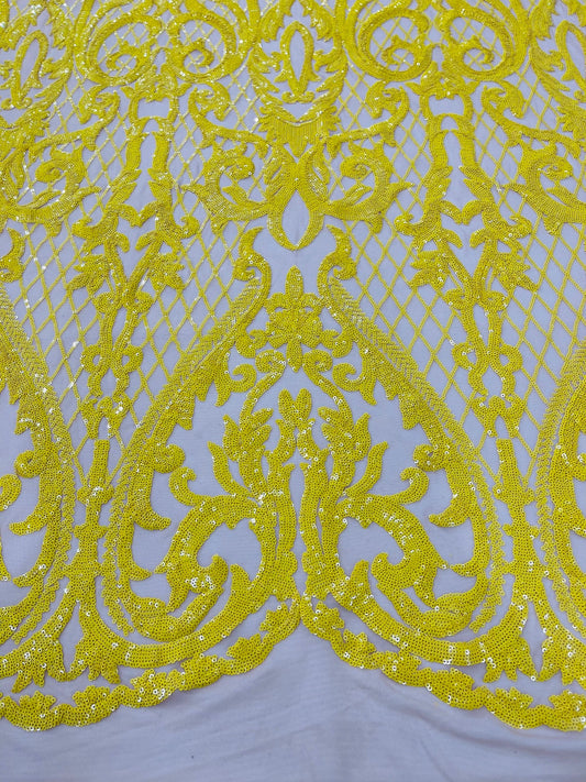 High Designs Fashion Design with Sequins Embroider on a 4 Way Stretch Mesh Fabric-Sold by The Yard. Yellow/Nude