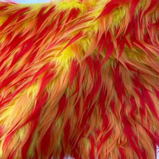 RED - ORANGE - On Yellow 3 Tone Spiked Shaggy Long Pile Fabric / Sold by The Yard - For Blankets Fashion Clothing Coats