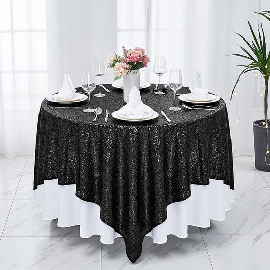 Square Overlay Sequin Tablecloth - BLACK - Glitter Tablecloth for Bridal Shower Decorations, Birthday, Wedding, Dessert, Banquet