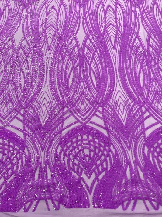 Fish Tale Luxury Fashion Design with Sequins Embroider on a - LILAC - 4 Way Stretch Mesh Fabric-Sold by The Yard.