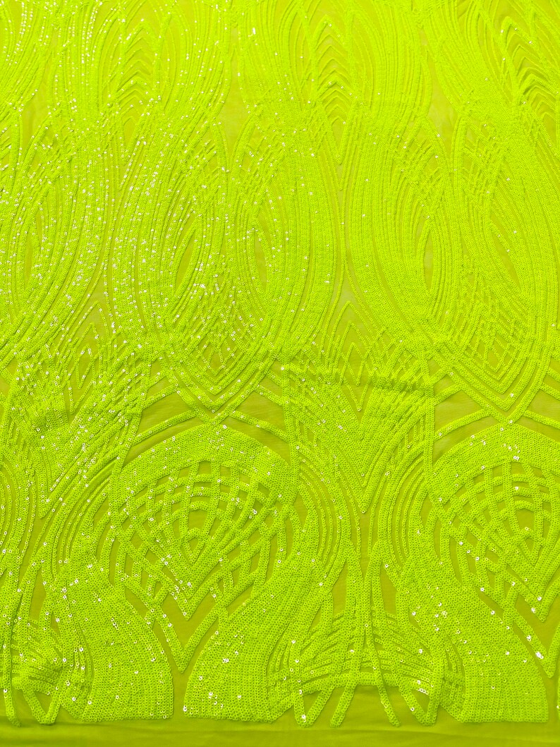 Fish Tale Luxury Fashion Design with Sequins Embroider on a - NEON GREEN - 4 Way Stretch Mesh Fabric-Sold by The Yard.