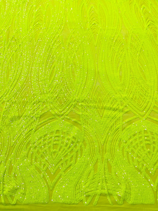 Fish Tale Luxury Fashion Design with Sequins Embroider on a - NEON GREEN - 4 Way Stretch Mesh Fabric-Sold by The Yard.