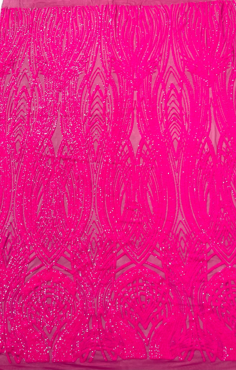 Fish Tale Luxury Fashion Design with Sequins Embroider on a - HOT PINK - 4 Way Stretch Mesh Fabric-Sold by The Yard.