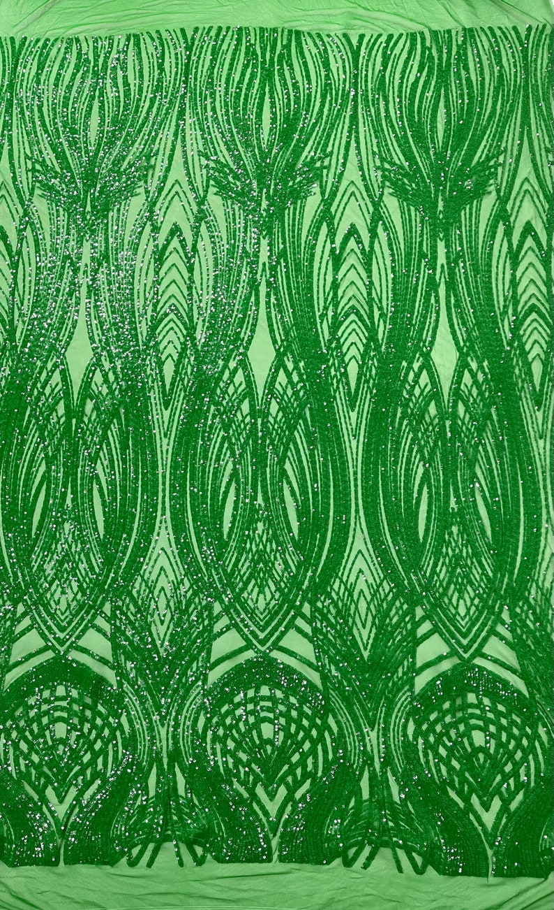 Fish Tale Luxury Fashion Design with Sequins Embroider on a - GREEN - 4 Way Stretch Mesh Fabric-Sold by The Yard.