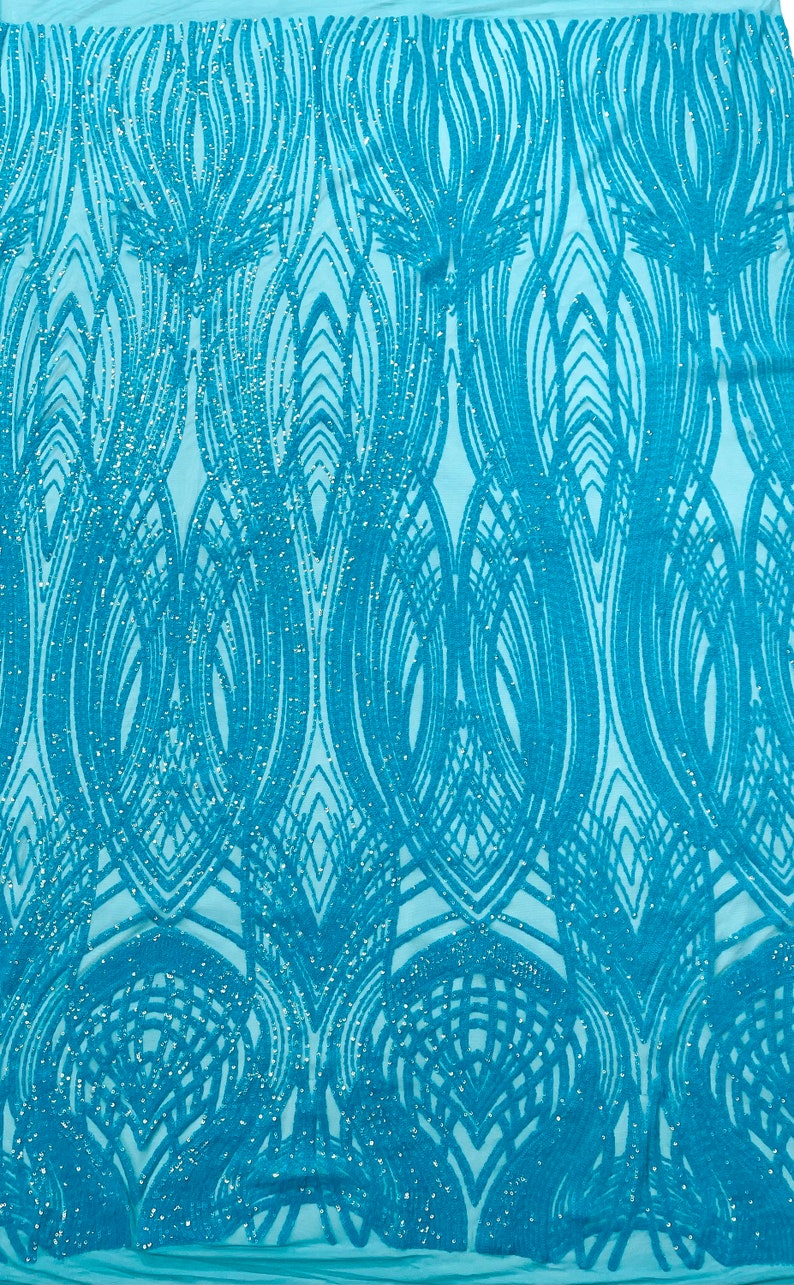 Fish Tale Luxury Fashion Design with Sequins Embroider on a - TURQUOISE - 4 Way Stretch Mesh Fabric-Sold by The Yard.