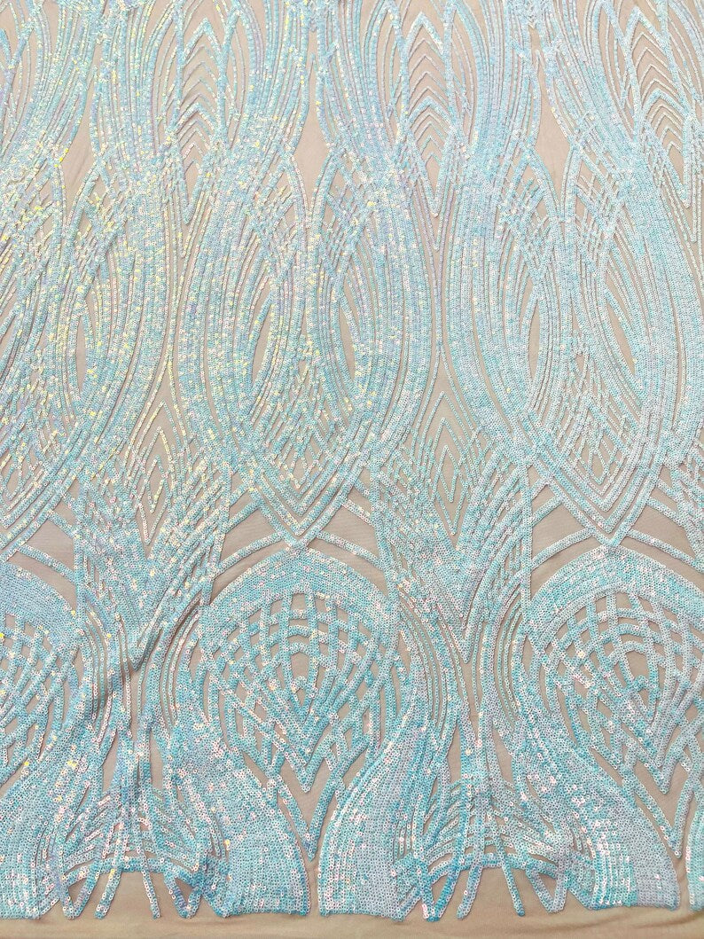 Fish Tale Luxury Fashion Design with Sequins Embroider on a - AQUA - 4 Way Stretch Mesh Fabric-Sold by The Yard.