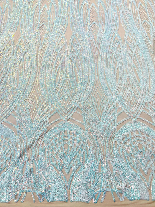 Fish Tale Luxury Fashion Design with Sequins Embroider on a - AQUA - 4 Way Stretch Mesh Fabric-Sold by The Yard.