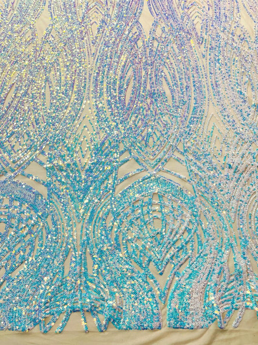 Fish Tale Luxury Fashion Design with Sequins Embroider on a - AQUA BLUE - 4 Way Stretch Mesh Fabric-Sold by The Yard.