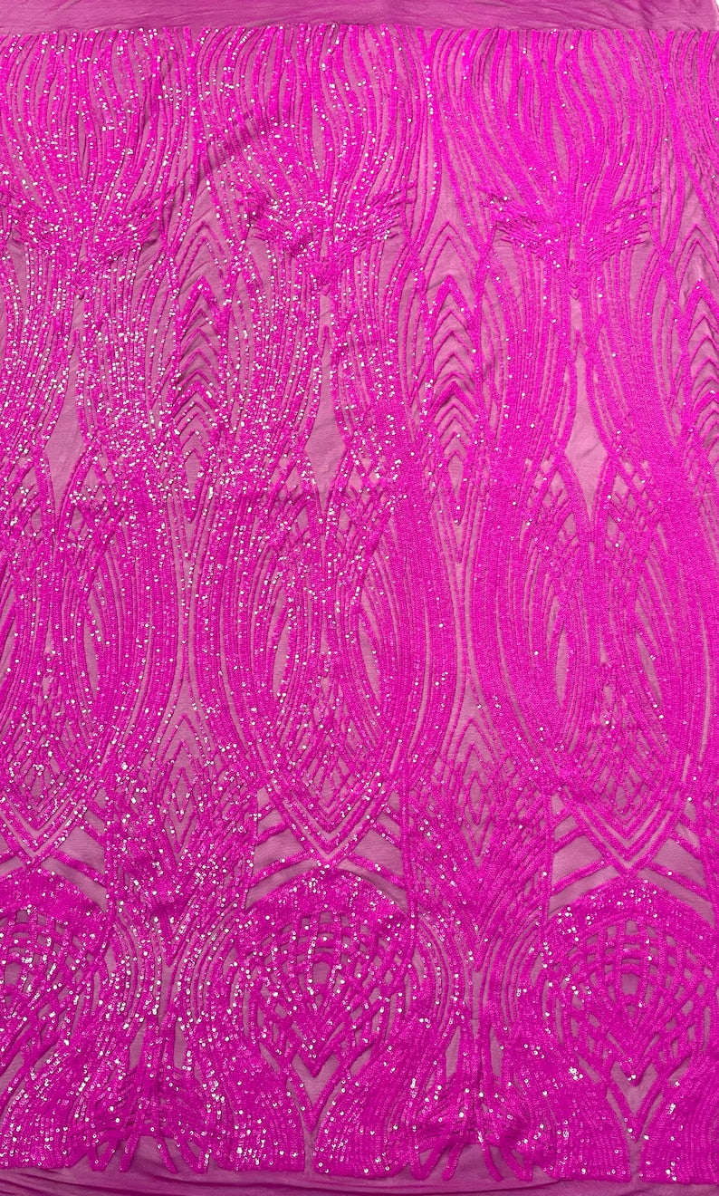 Fish Tale Luxury Fashion Design with Sequins Embroider on a - MAGENTA - 4 Way Stretch Mesh Fabric-Sold by The Yard.