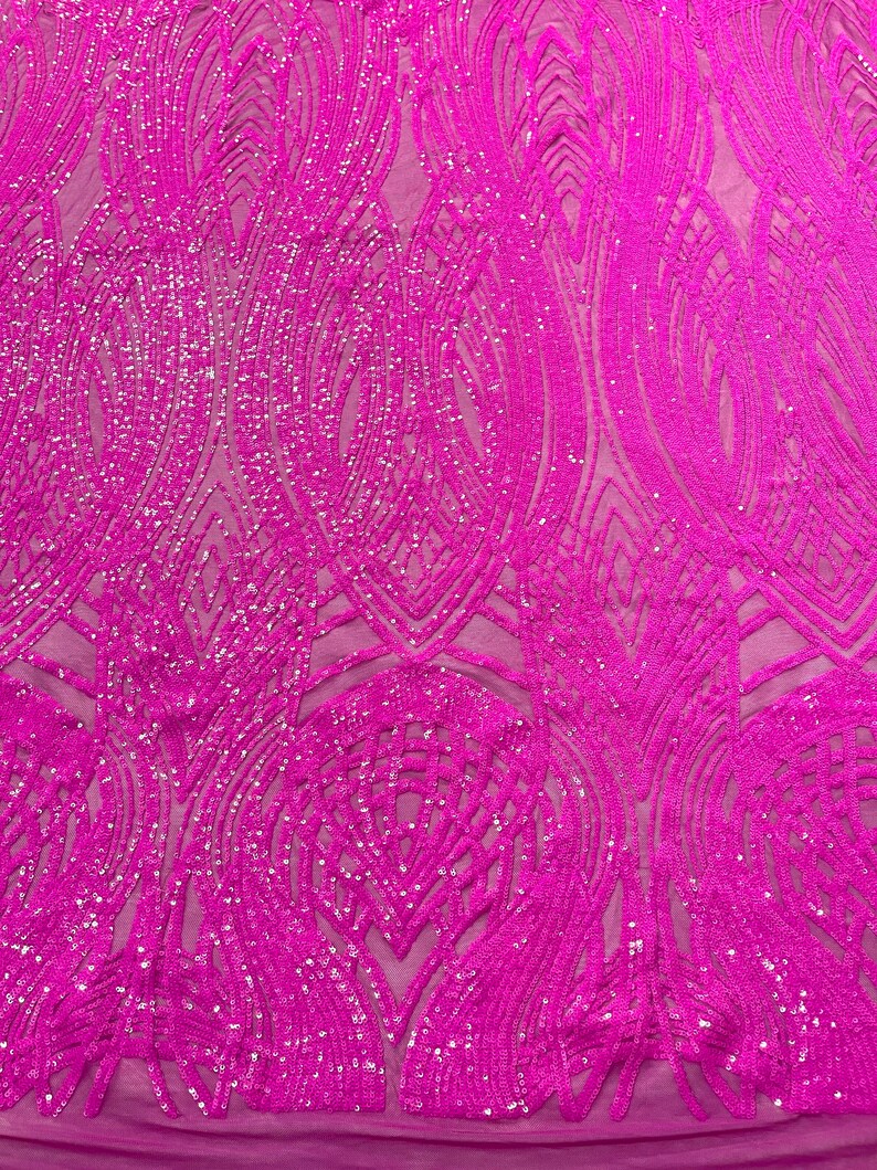 Fish Tale Luxury Fashion Design with Sequins Embroider on a - MAGENTA - 4 Way Stretch Mesh Fabric-Sold by The Yard.