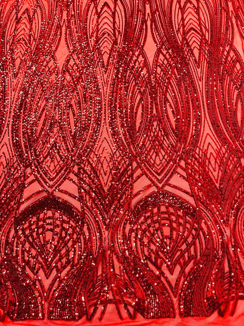 Fish Tale Luxury Fashion Design with Sequins Embroider on a - RED - 4 Way Stretch Mesh Fabric-Sold by The Yard.