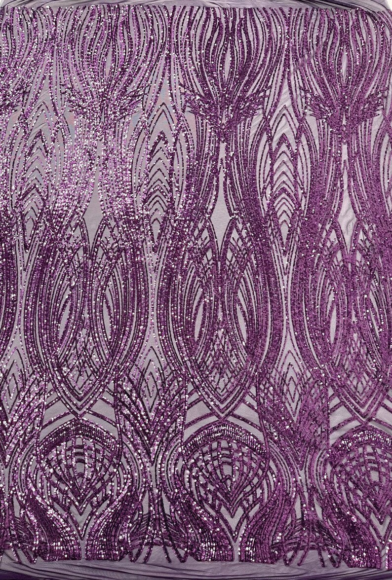 Fish Tale Luxury Fashion Design with Sequins Embroider on a - PURPLE - 4 Way Stretch Mesh Fabric-Sold by The Yard.