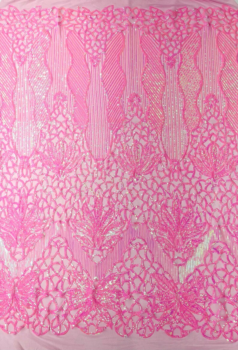 CANDY PINK - Luxury Fashion Design with Sequins Embroider on a 4 Way Stretch Mesh Fabric-Sold by The Yard.