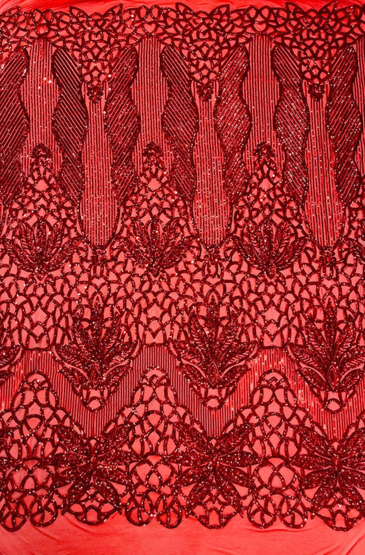 RED - Luxury Fashion Design with Sequins Embroider on a 4 Way Stretch Mesh Fabric-Sold by The Yard.