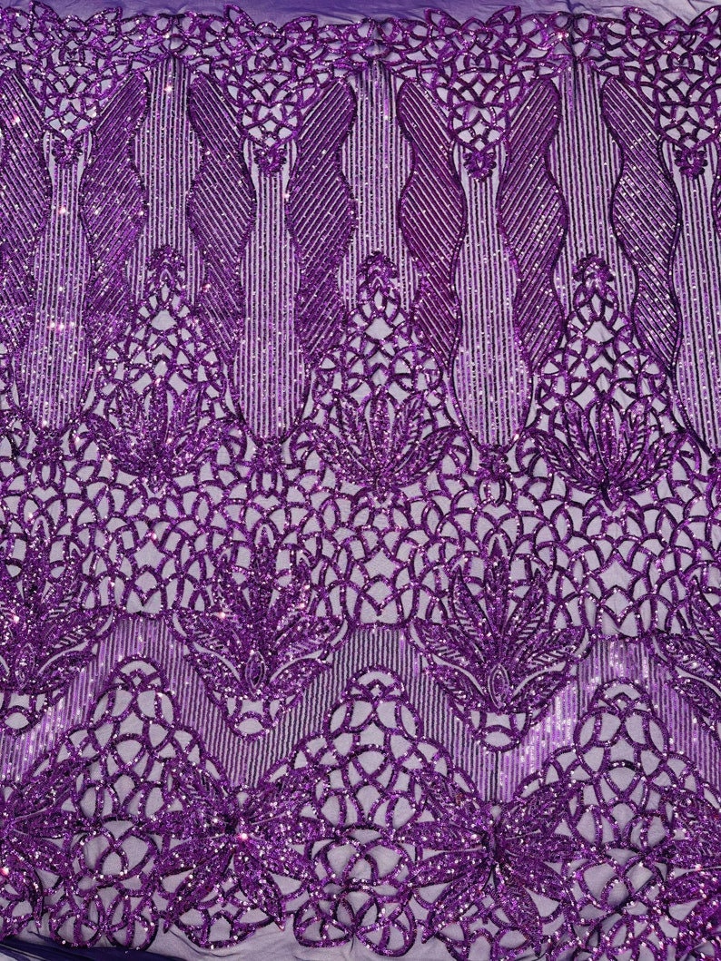 PURPLE - Luxury Fashion Design with Sequins Embroider on a 4 Way Stretch Mesh Fabric-Sold by The Yard.