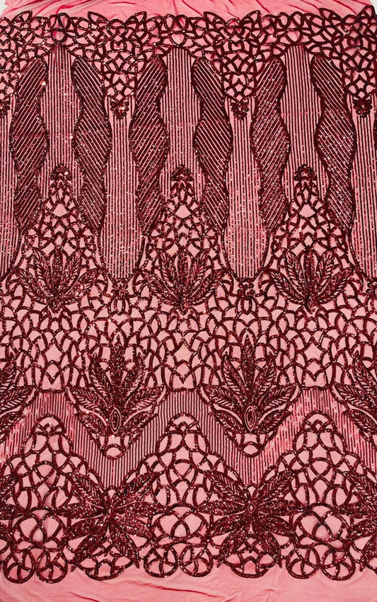 BURGUNDY - Luxury Fashion Design with Sequins Embroider on a 4 Way Stretch Mesh Fabric-Sold by The Yard.