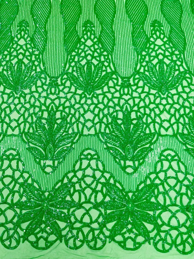 GREEN - Luxury Fashion Design with Sequins Embroider on a 4 Way Stretch Mesh Fabric-Sold by The Yard.