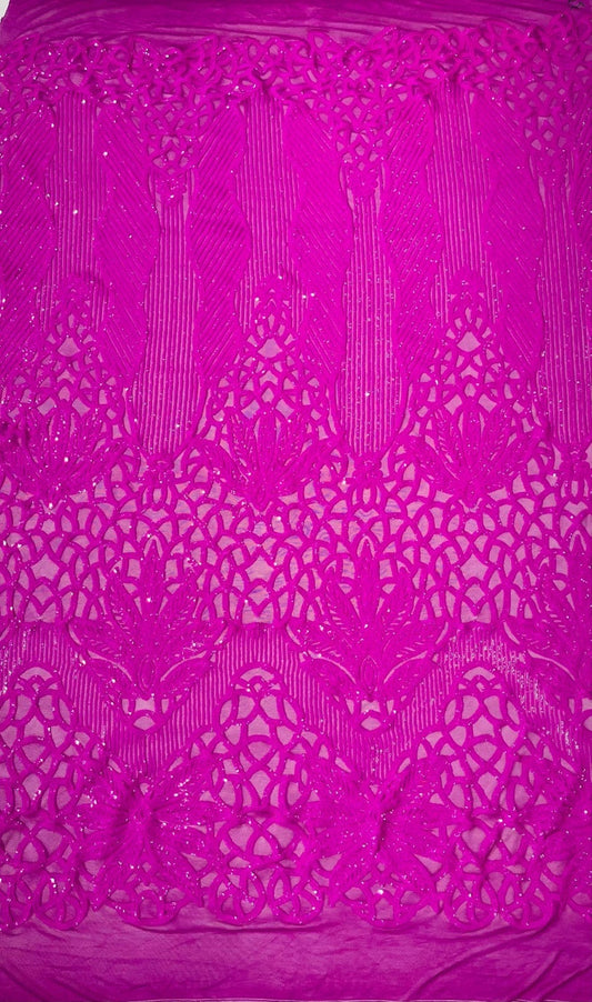 MAGENTA - Luxury Fashion Design with Sequins Embroider on a 4 Way Stretch Mesh Fabric-Sold by The Yard.