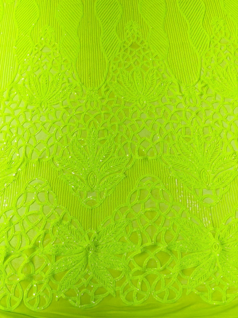 NEON GREEN - Luxury Fashion Design with Sequins Embroider on a 4 Way Stretch Mesh Fabric-Sold by The Yard.