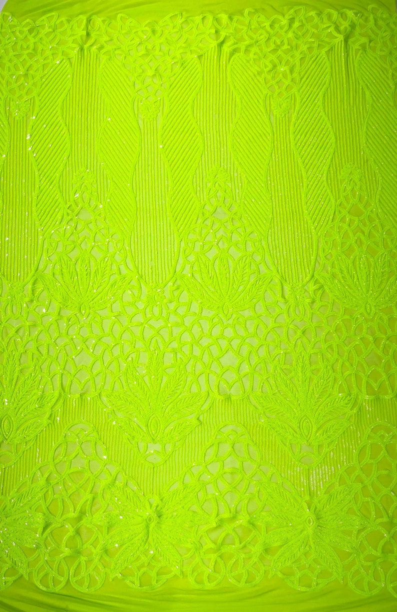 NEON GREEN - Luxury Fashion Design with Sequins Embroider on a 4 Way Stretch Mesh Fabric-Sold by The Yard.