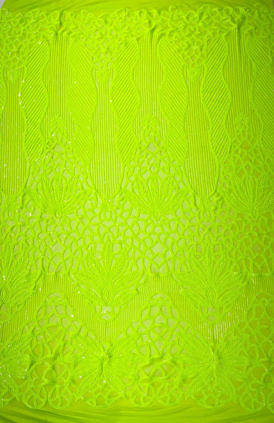 NEON GREEN - Luxury Fashion Design with Sequins Embroider on a 4 Way Stretch Mesh Fabric-Sold by The Yard.