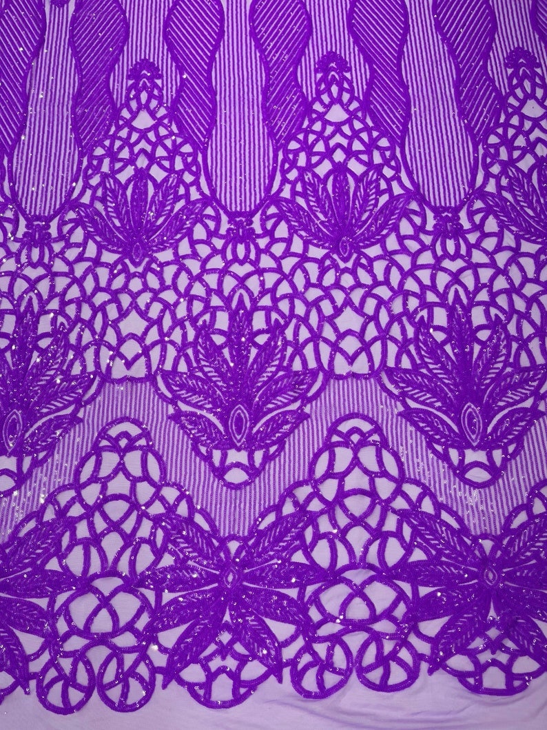 LILAC - Luxury Fashion Design with Sequins Embroider on a 4 Way Stretch Mesh Fabric-Sold by The Yard.